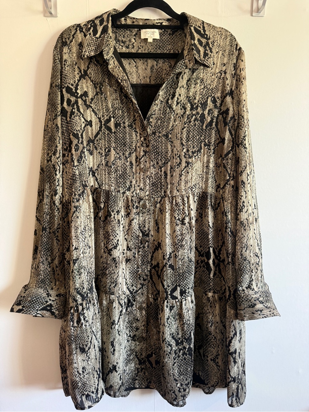 Gentle Fawn Vesper Snake Print Metallic Tiered Shirt Dress Size S